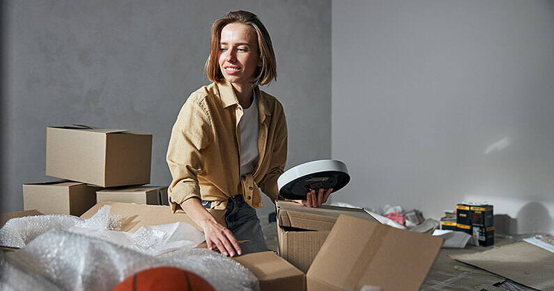 Woman surrounded by packing boxes