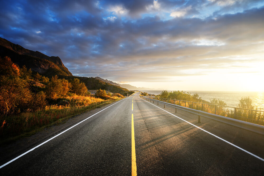 road by the sea in sunrise time, Lofoten island, Norway